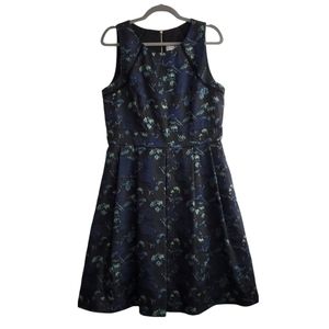 Eliza J Black Blue Sleeveless Floral Jacquard Fit and Flare Dress with Pockets